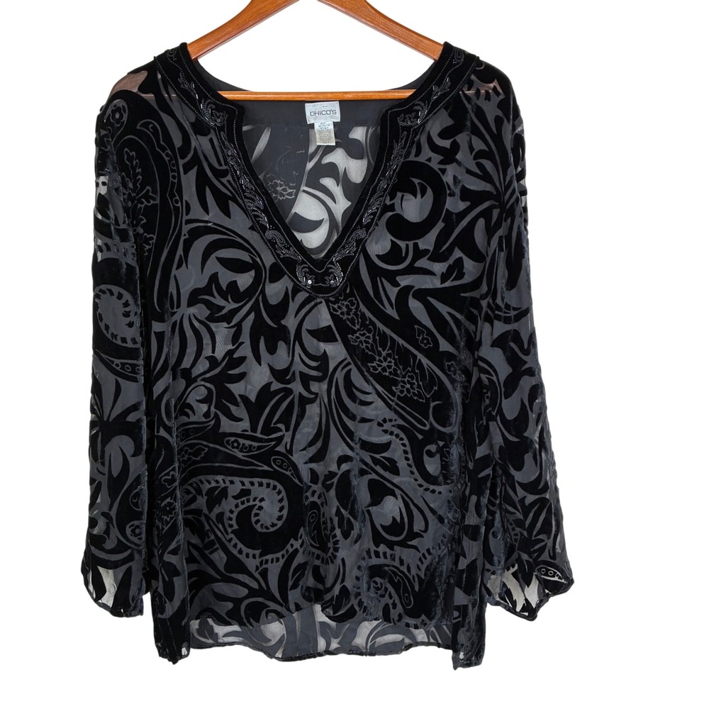 Chicos Tunic Top Sz L Silk Blend Velvet Burnout V Neck Boho Beaded Fairy Black